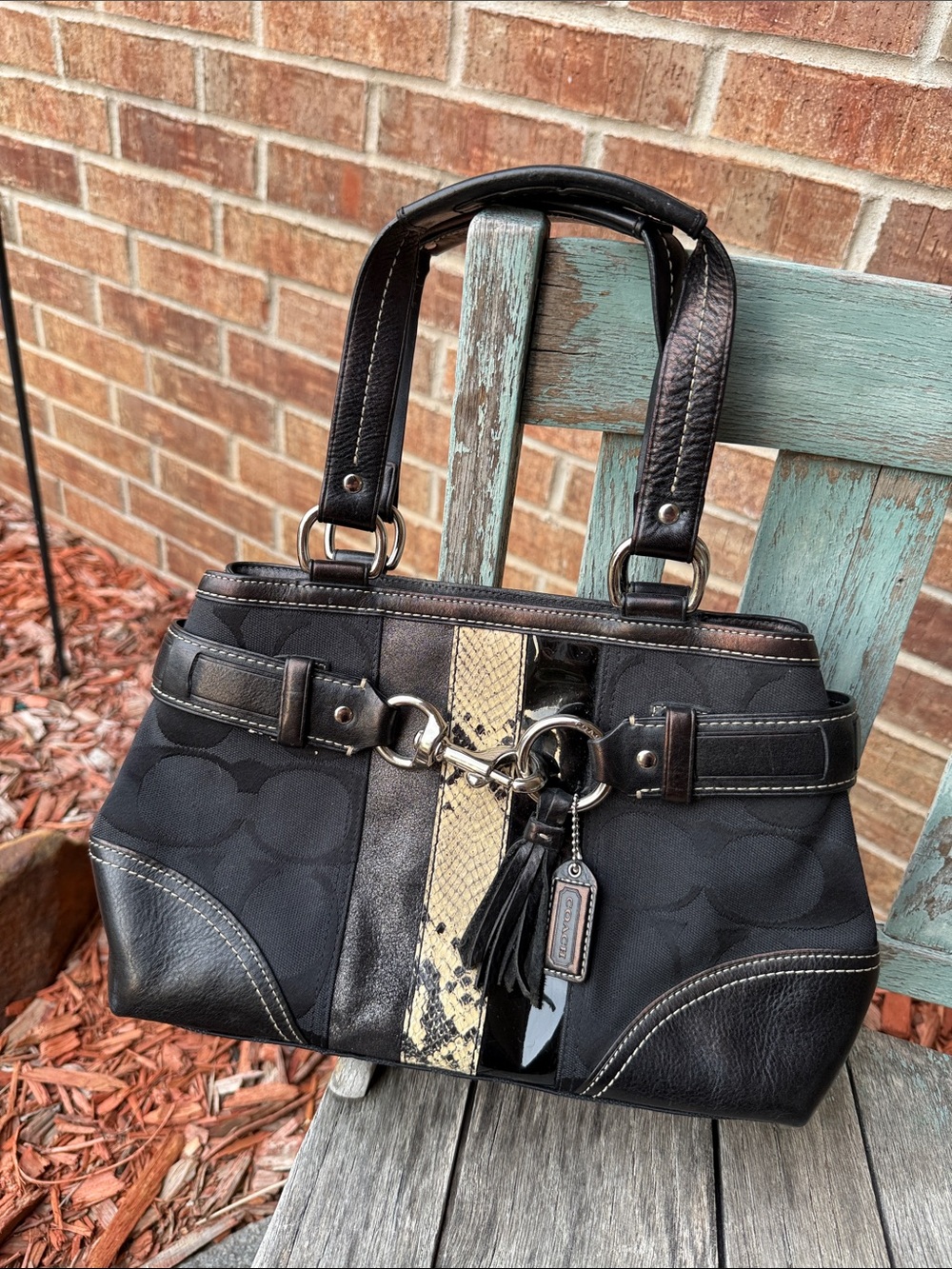 Coach Hamptons Signature Black Leather & Canvas Shoulder Bag w/ Snakeskin Stripe